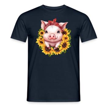 Cochon au bandana et couronne de tournesol, - T-shirt homme - marine - Devant - AI Model Male 178 light (178cm)