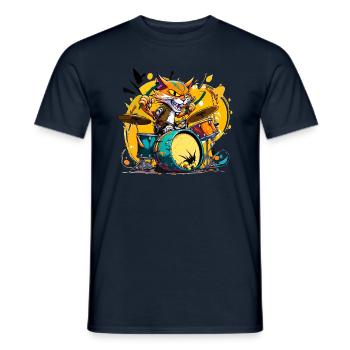 Trendy Cartoon-Katze am Schlagzeug - Männer T-Shirt - Navy - Vorne - AI Model Male 178 light (178cm)