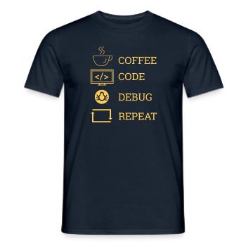 "Coffee Code Debug Repeat" | Programmer - Men's T-Shirt - navy - Front - AI Model Male 178 light (178cm)