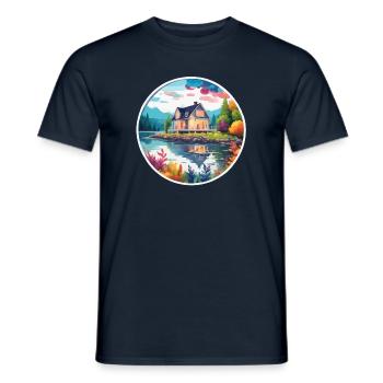 Lakeside House / Cabin / Lake / Mountains / Nature /Forest - Men's T-Shirt - navy - Front - AI Model Male 178 light (178cm)