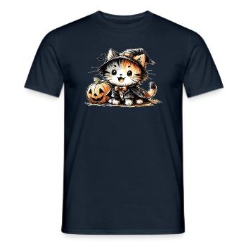 Chat d’Halloween avec citrouille - T-shirt homme - marine - Devant - AI Model Male 178 light (178cm)
