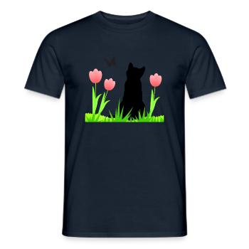 Frühlingsdesign - Katze, Tulpen, Schmetterling - Männer T-Shirt - Navy - Vorne - AI Model Male 178 light (178cm)