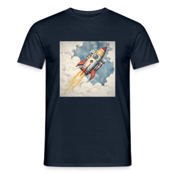 Rakete startet in den blauen Himmel durch Wolken. - Männer T-Shirt - Navy - Vorne - AI Model Male 178 light (178cm)