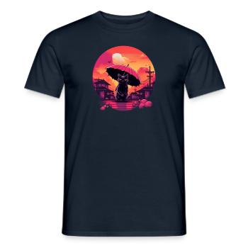 Synthwave japan Cat with umbrella - Männer T-Shirt - Navy - Vorne - AI Model Male 178 light (178cm)