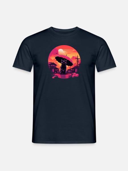 Synthwave japan Cat with umbrella - Men's T-Shirt - navy
