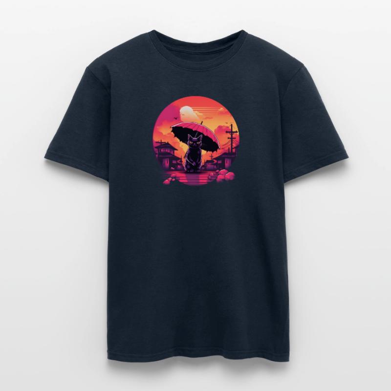 Synthwave japan Cat with umbrella Männer T-Shirt