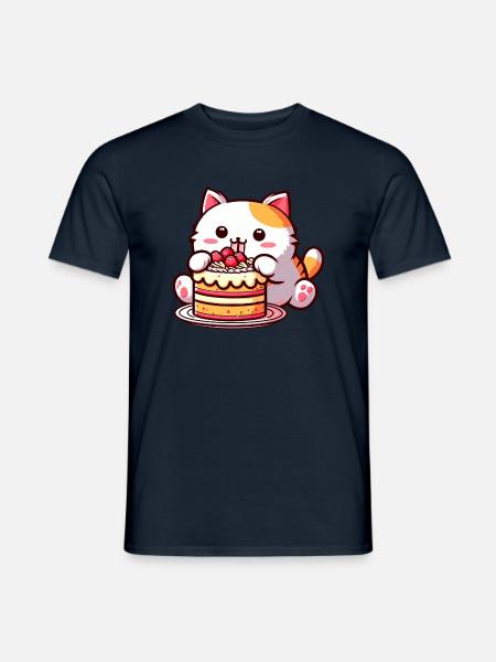 Kirschkuchen-Genuss: Süße Comic-Katze Nascht - Männer T-Shirt - Navy