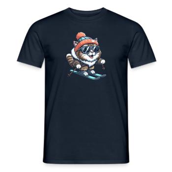 Maine Coon Katze beim Skifahren - Winterwunder - Männer T-Shirt - Navy - Vorne - AI Model Male 178 light (178cm)