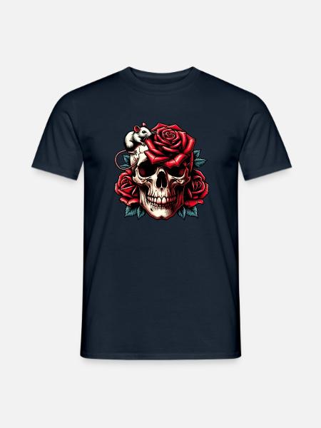 Skull mit roten Rosen Rosenranken und Maus - Männer T-Shirt - Navy