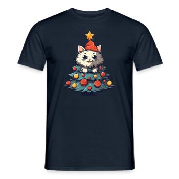 Christmas cat: play at the Christmas tree - Men's T-Shirt - navy - Front - AI Model Male 178 light (178cm)