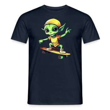 Green Alien on Skateboard: Intergalactic - Men's T-Shirt - navy - Front - AI Model Male 178 light (178cm)