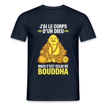 T-shirt humour Bouddha Corps d’un dieu - T-shirt homme - marine - Devant - AI Model Male 178 light (178cm)