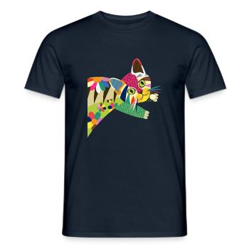 Colorful Folk Art Cat Portrait - Men's T-Shirt - navy - Front - AI Model Male 178 light (178cm)