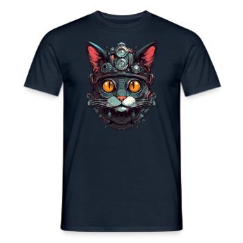 Cat Robot Cyborg Head Portrait Steampunk Cyber - Men's T-Shirt - navy - Front - AI Model Male 178 light (178cm)