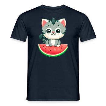 Cute cat with watermelon - Kawaii Design - Men's T-Shirt - navy - Front - AI Model Male 178 light (178cm)