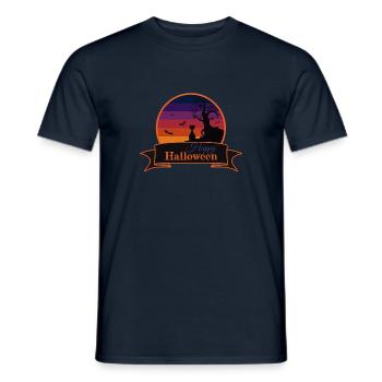 Katze neben gruseligem Baum - Happy Halloween - Männer T-Shirt - Navy - Vorne - AI Model Male 178 light (178cm)