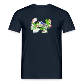 grand, oiseau, fleurs, aquarelle - T-shirt homme - marine - Devant - AI Model Male 178 light (178cm)