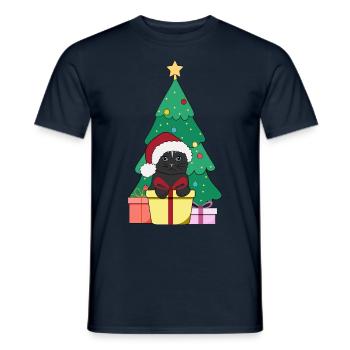 Cat in front of Christmas tree with Christmas hat Merry - Men's T-Shirt - navy - Front - AI Model Male 178 light (178cm)