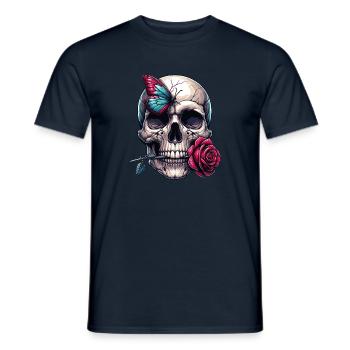 Skull with red rose and butterfly - Men's T-Shirt - navy - Front - AI Model Male 178 light (178cm)