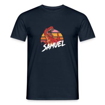 SAMUEL - Beautiful boy name with T-REX Dino - Men's T-Shirt - navy - Front - AI Model Male 178 light (178cm)