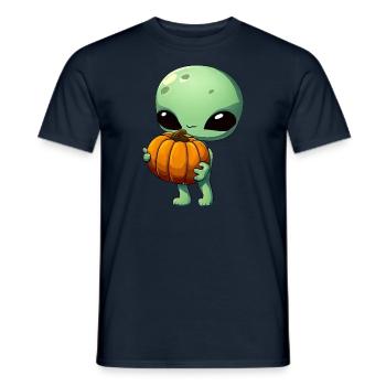 Green alien with Halloween pumpkin - Men's T-Shirt - navy - Front - AI Model Male 178 light (178cm)