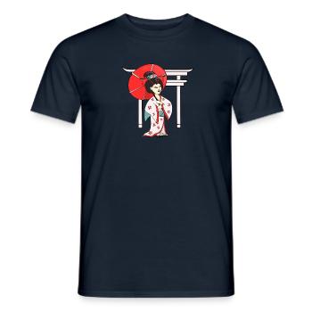 Geisha with parasol and Japanese temple - Men's T-Shirt - navy - Front - AI Model Male 178 light (178cm)