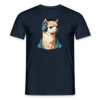 Alpaca listening to music with headphones - Men's T-Shirt - navy - Front - AI Model Male 178 light (178cm)