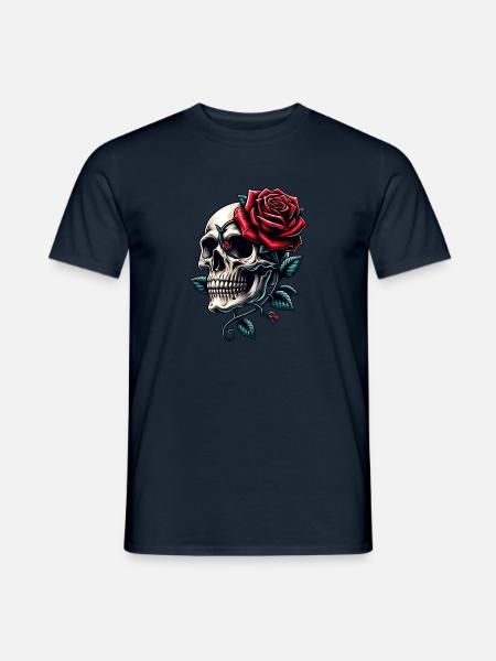 Skull mit roten Rosen und Rosenranken - Männer T-Shirt - Navy
