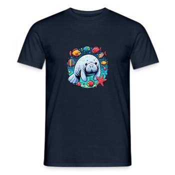 Lamantin avec beaucoup de poissons colorés et d’étoiles de mer - T-shirt homme - marine - Devant - AI Model Male 178 light (178cm)
