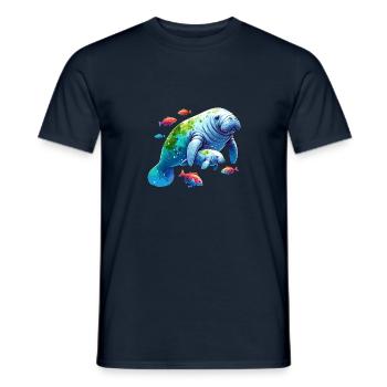 Seekuh mit Kalb und kleinen bunten Fischen - Männer T-Shirt - Navy - Vorne - AI Model Male 178 light (178cm)