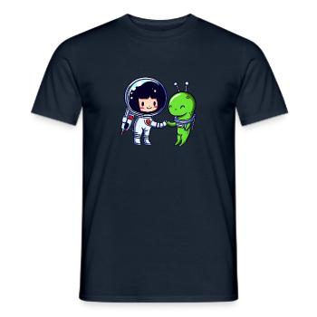 Begrüßung im Weltraum: Alien & Astronaut Handshake - Männer T-Shirt - Navy - Vorne - AI Model Male 178 light (178cm)