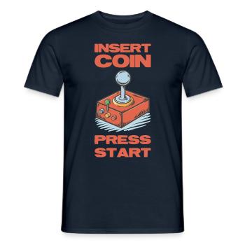 Insert coins press start. Retro joystick design. - Men's T-Shirt - navy - Front - AI Model Male 178 light (178cm)