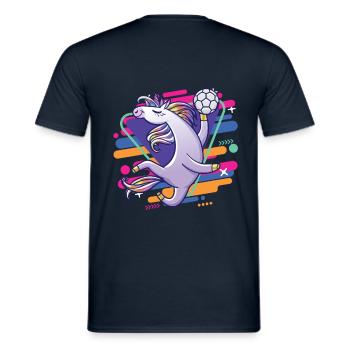 funny cool handball playing unicorn - Men's T-Shirt - navy - Back - AI Model Male 178 light (178cm)
