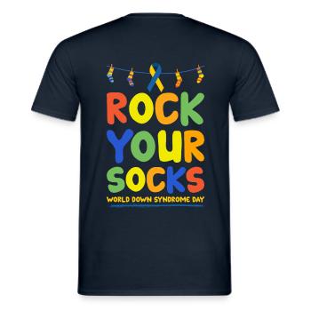 Down syndrome sock gift - Men's T-Shirt - navy - Back - AI Model Male 178 light (178cm)