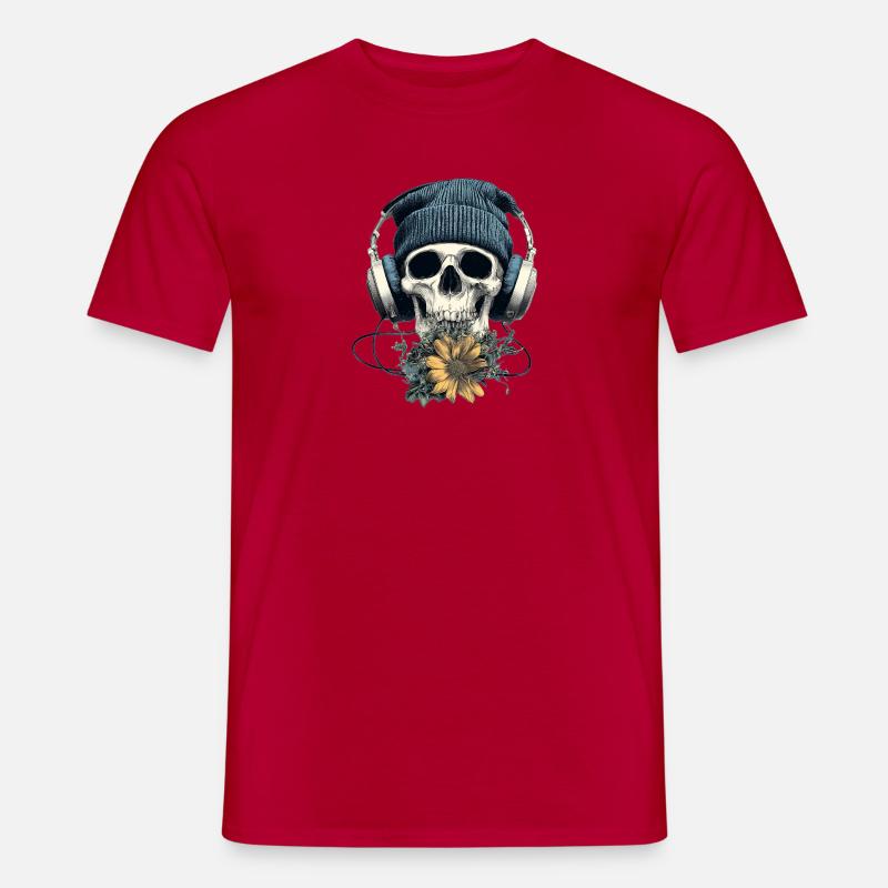 Schädel mit Kopfhörer und Blumen - Männer T-Shirt - Rot