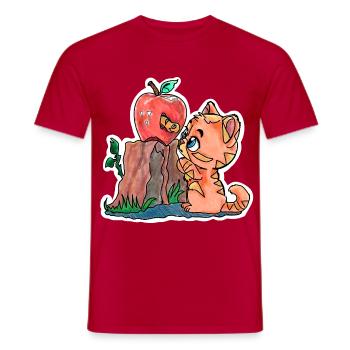 Little kitten and the worm in the apple - Men's T-Shirt - red - Front - AI Model Male 178 dark (178cm)