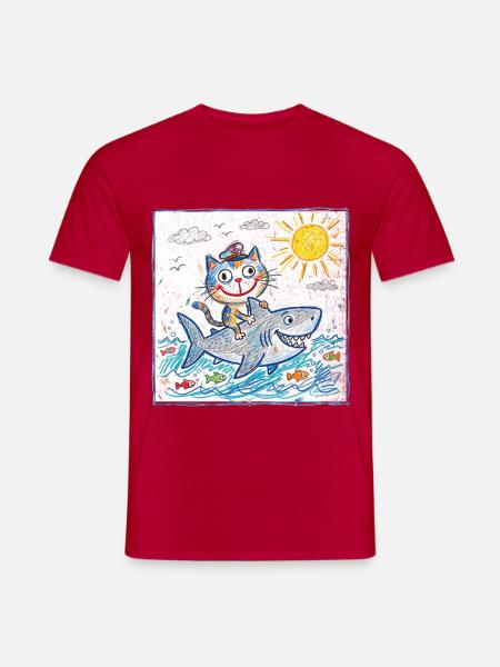 Katze reitet Haifisch - Männer T-Shirt - Rot