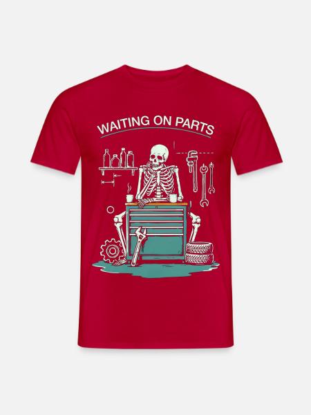 Lustiges Warten auf Teile-Mechaniker-Skelett - Männer T-Shirt - Rot