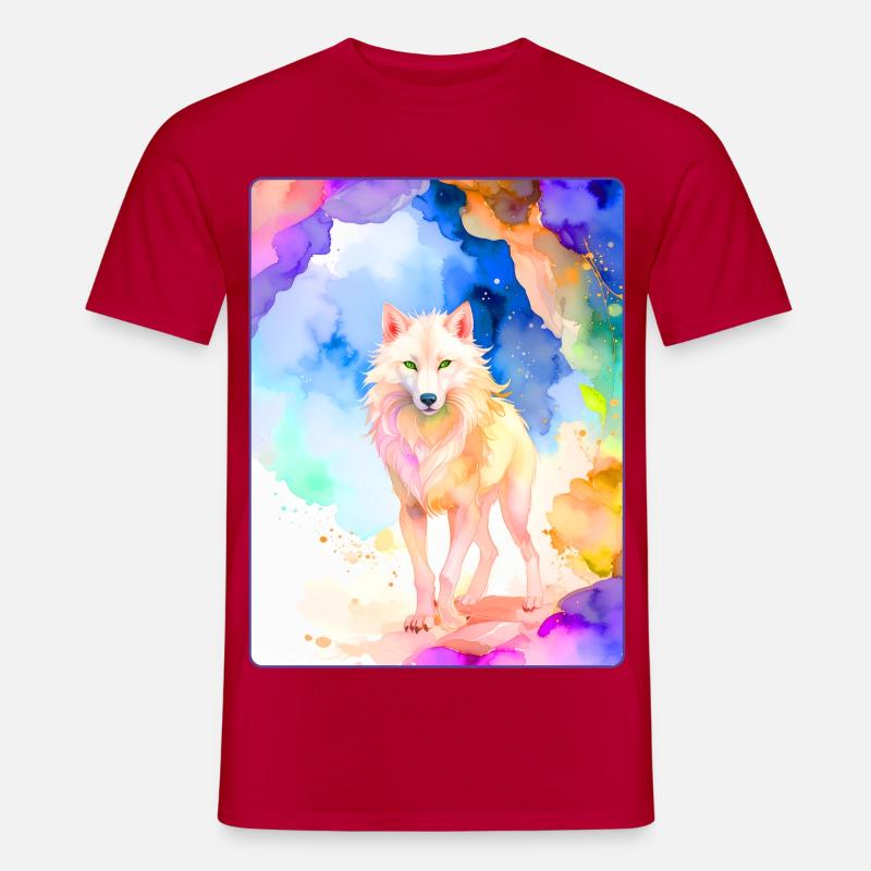Loup blanc devant une grotte colorée - T-shirt homme - rouge