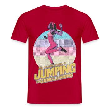 Funny 80s Fitness Overthinking T-Shirt - Jumping - Men's T-Shirt - red - Front - AI Model Male 178 dark (178cm)