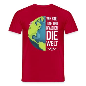 Klima Shirt. Wir sind jung und brauchen die Welt - Männer T-Shirt - Rot - Vorne - AI Model Male 178 dark (178cm)