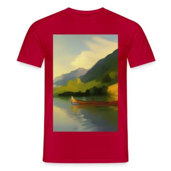 Landscape with lake, boat and mountains - Men's T-Shirt - red - Front - AI Model Male 178 dark (178cm)