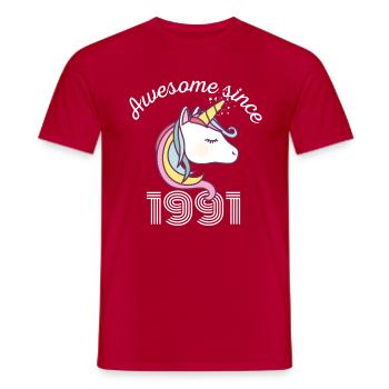 Funny Birthday Awesome Since 1991 - Heren T-shirt - rood - Voor - AI Model Male 178 dark (178cm)