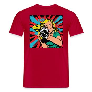Pop Art Woman Photographer - Men's T-Shirt - red - Front - AI Model Male 178 dark (178cm)