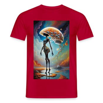 Surreal Cosmic Woman with Brain-Mushroom - Men's T-Shirt - red - Front - AI Model Male 178 dark (178cm)