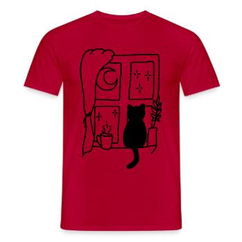 Cat Sitting Window Night - Men's T-Shirt - red - Front - AI Model Male 178 dark (178cm)