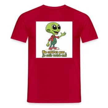 Alien - Ne courez pas ,je suis votre ami - T-shirt homme - rouge - Devant - AI Model Male 178 dark (178cm)