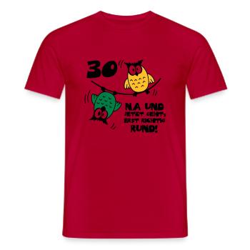 30 birthday, owls on the rope, round - Men's T-Shirt - red - Front - AI Model Male 178 dark (178cm)