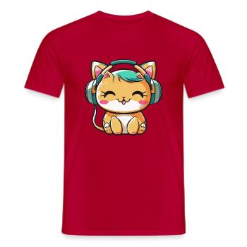 Kawaii Cute Happy Colorful Cat with Headphones - Men's T-Shirt - red - Front - AI Model Male 178 dark (178cm)