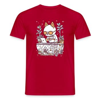 Kawaii Cat at Cozy Desk - Men's T-Shirt - red - Front - AI Model Male 178 dark (178cm)